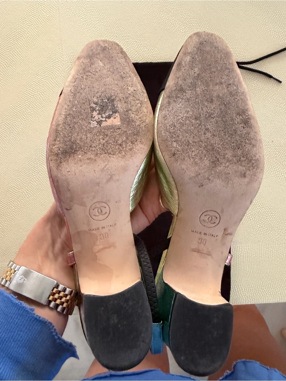CHANEL Iridescent Pink-Green Slingback Flats with Black Cap Toe super COOL RARE - Picture 5 of 5